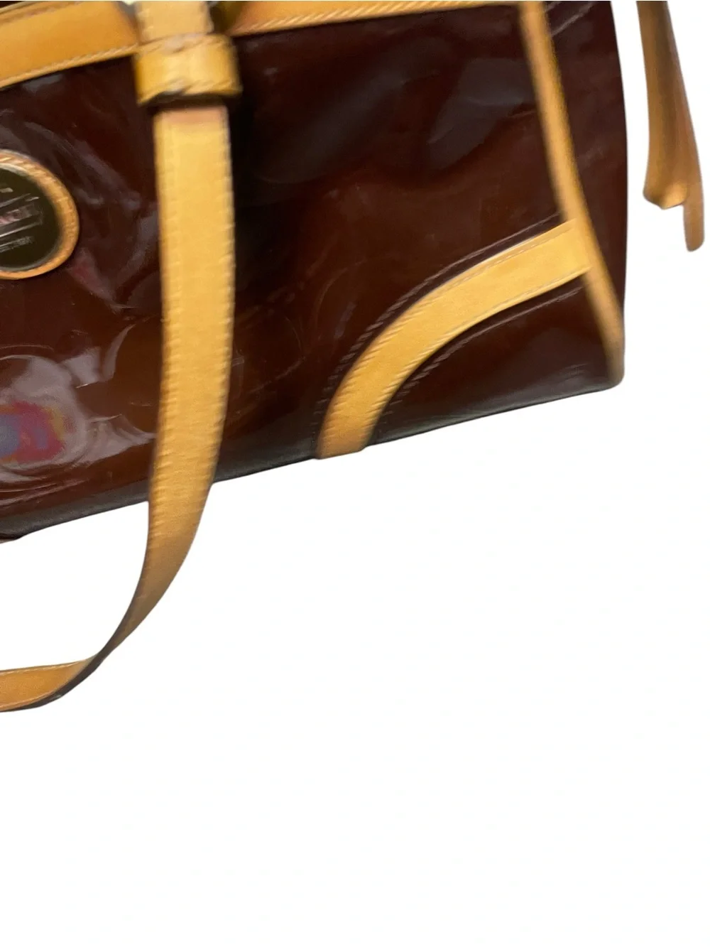 Coach Brown Patent Leather Shoulder Bag with Yellow Trim
